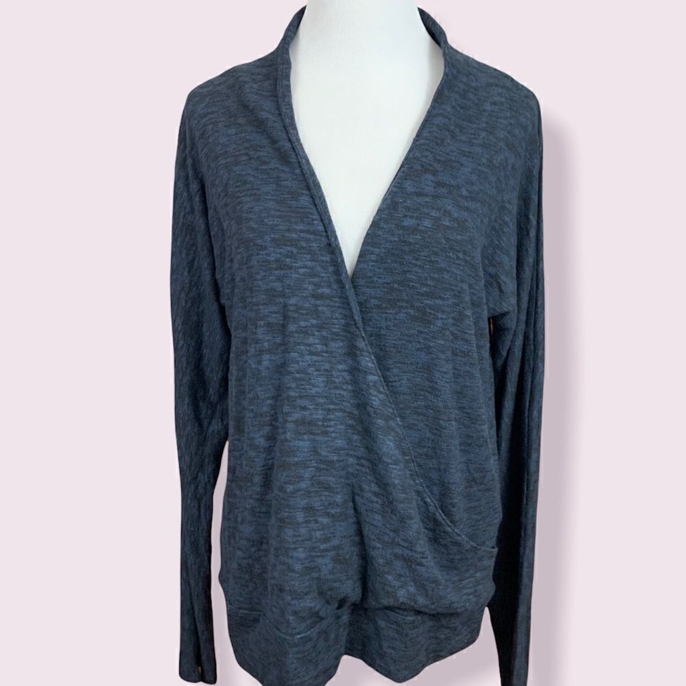 Lumiere slate blue space dye faux wrap soft lightweight sweater L